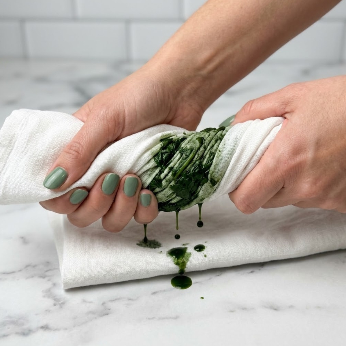 Extreme close-up of hands with green nails twisting a kitchen towel to squeeze moisture out of thawed chopped spinach.