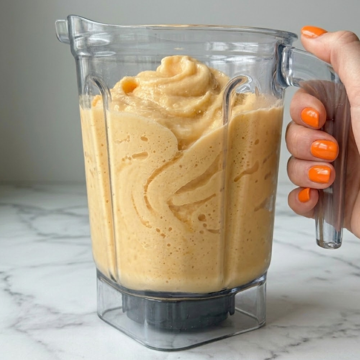 Tight close-up zoom of a blender jar showing thick, pale orange creamsicle slushy mixture swirling into a frosty cream vortex.