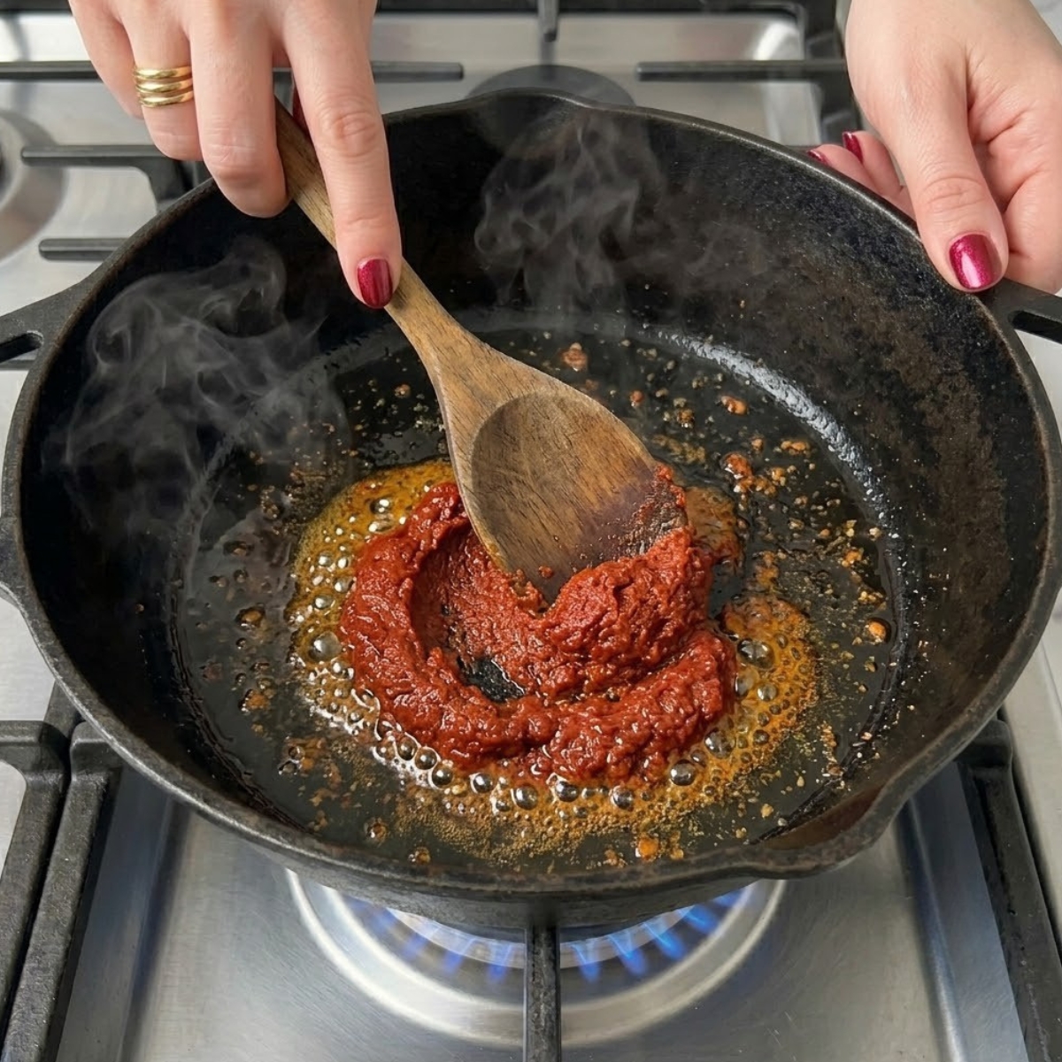 Extreme close-up of hands with crimson nail polish using a wooden spoon to stir and fry red curry paste in a hot Dutch oven over a gas flame.