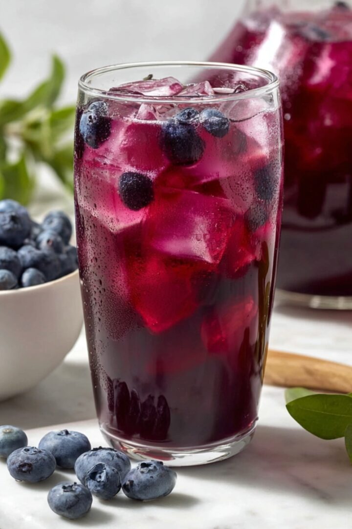 A tall glass of deep purple blueberry iced tea with large ice cubes and fresh blueberries, served alongside a bowl of blueberries, a pitcher of blueberry iced tea, and fresh herb sprigs on a marble surface.