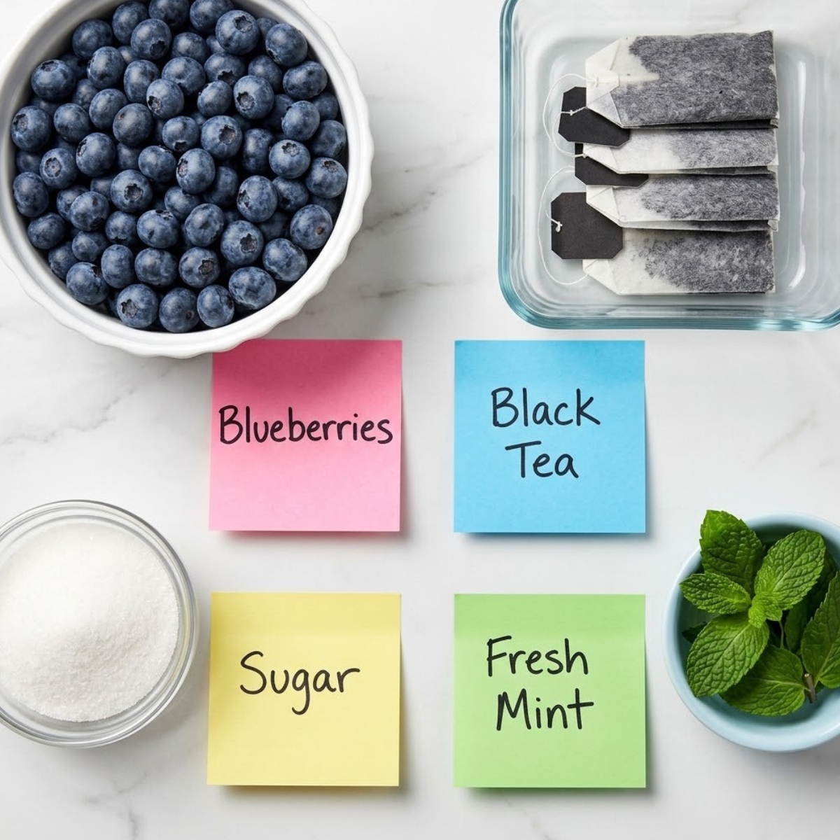 Flat lay of fresh blueberries, black tea bags, granulated sugar, and mint leaves with handwritten labels on a marble counter.