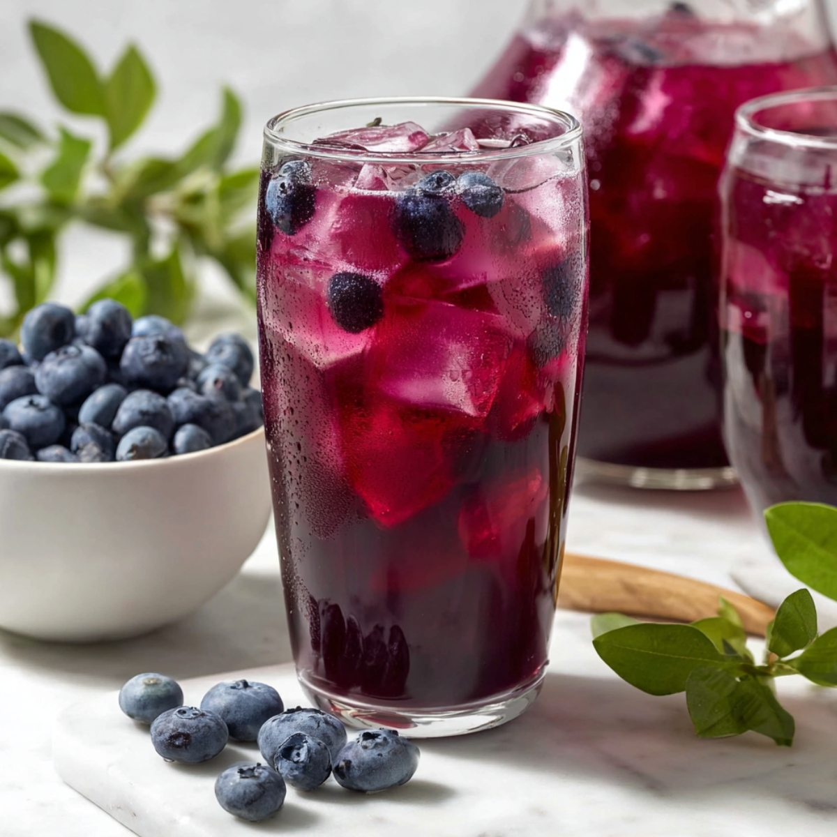 A tall glass of deep purple blueberry iced tea with large ice cubes and fresh blueberries, served alongside a bowl of blueberries, a pitcher of blueberry iced tea, and fresh herb sprigs on a marble surface.