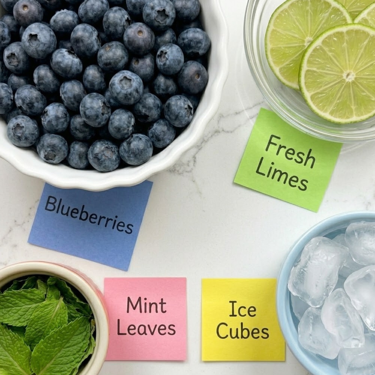Flat lay of fresh blueberries, lime wheels, mint leaves, and ice cubes with handwritten labels on a marble kitchen counter.