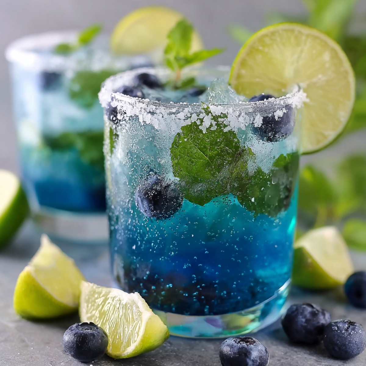 Two sparkling blue blueberry infused water glasses with a salted rim, fresh mint leaves, and whole blueberries, garnished with a lime wheel, with lime wedges and scattered blueberries on a gray surface.