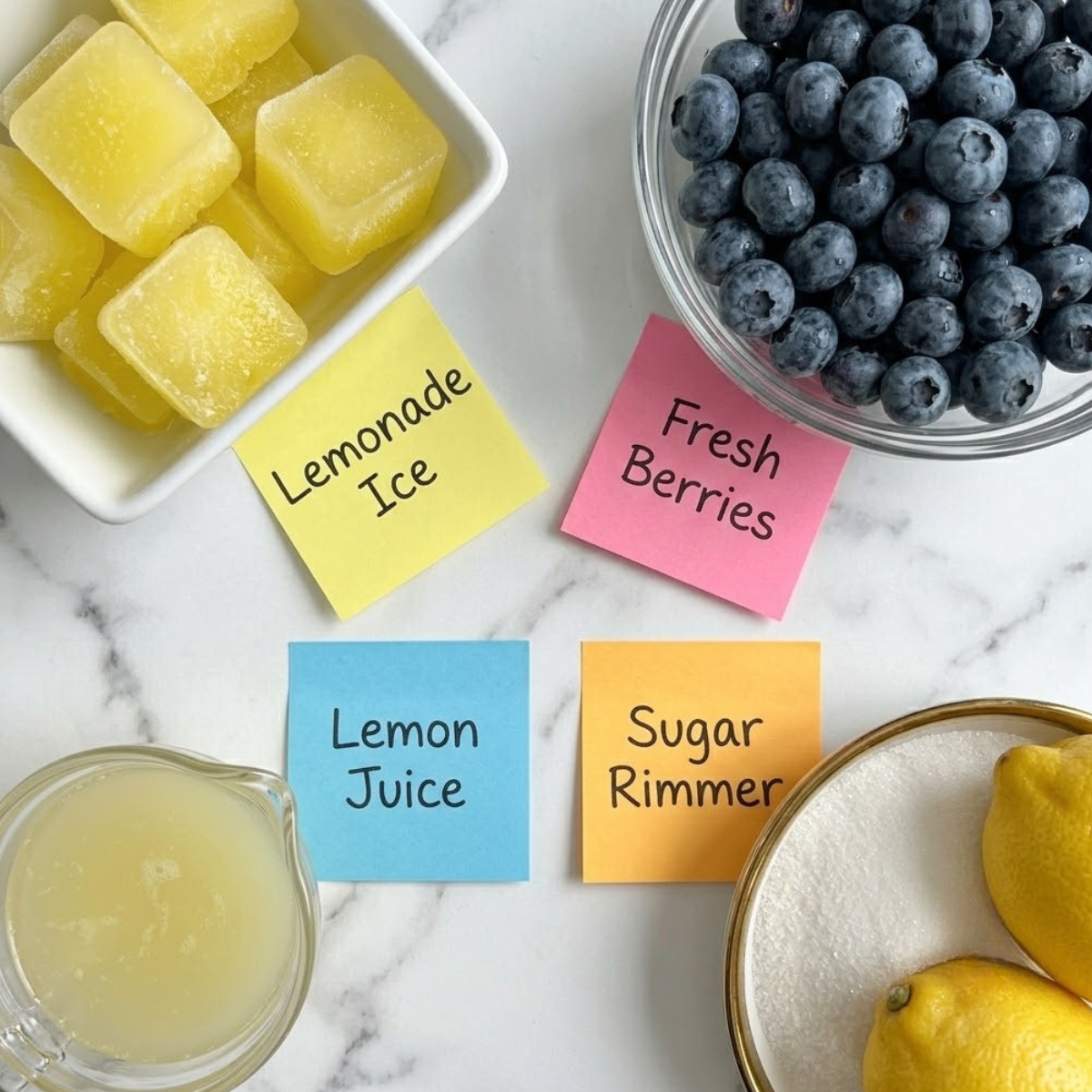 Flat lay of frozen lemonade cubes, fresh blueberries, squeezed lemon juice, and granulated sugar with handwritten labels on a marble counter.