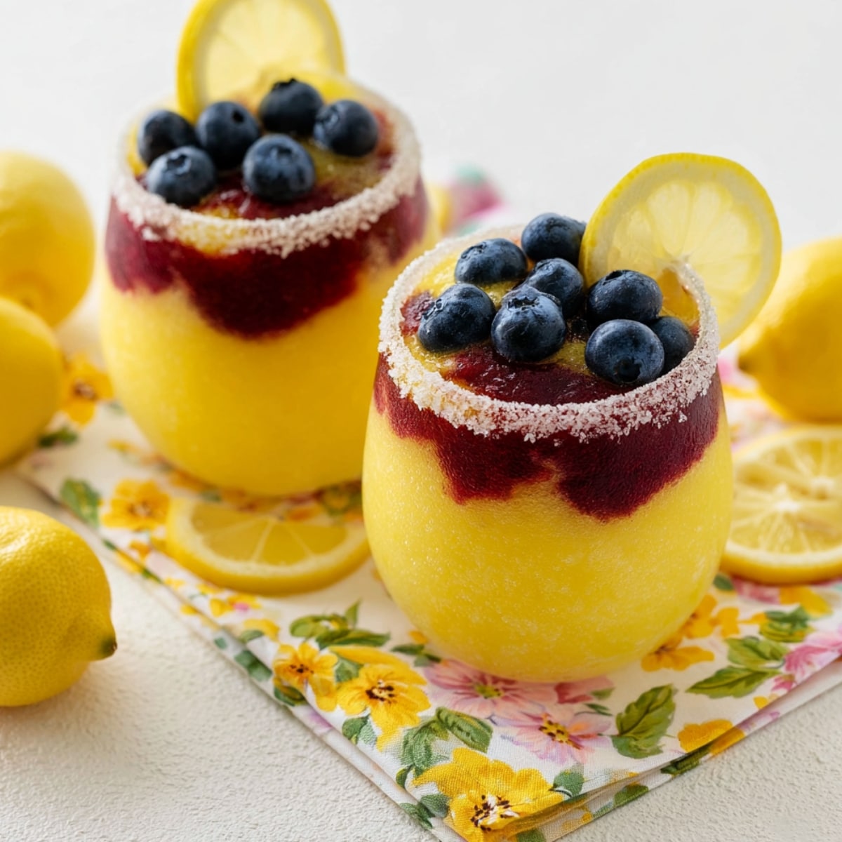 Two sugar-rimmed glasses filled with layered yellow lemon and deep purple blueberry slushies, topped with fresh blueberries and a lemon slice, set on a floral napkin surrounded by fresh lemons.