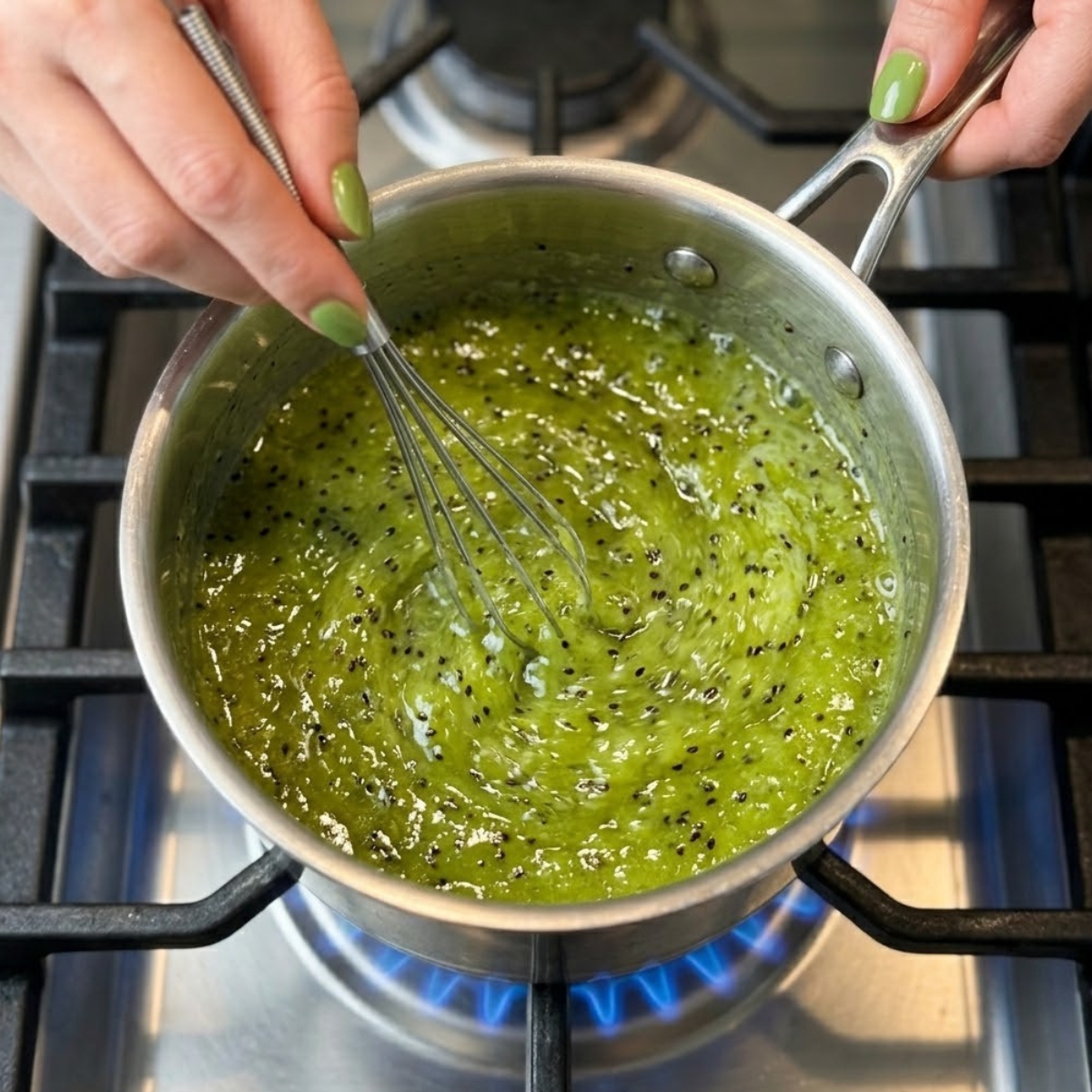 Extreme close-up view of hands with green nails using a wire whisk to stir boiling green kiwi puree inside a small saucepan over a gas stove flame.