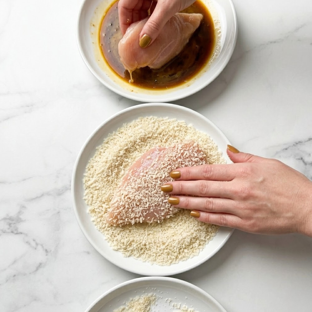 Extreme close-up view of hands with golden-brown nails coating a raw chicken breast in coarse panko breadcrumbs.