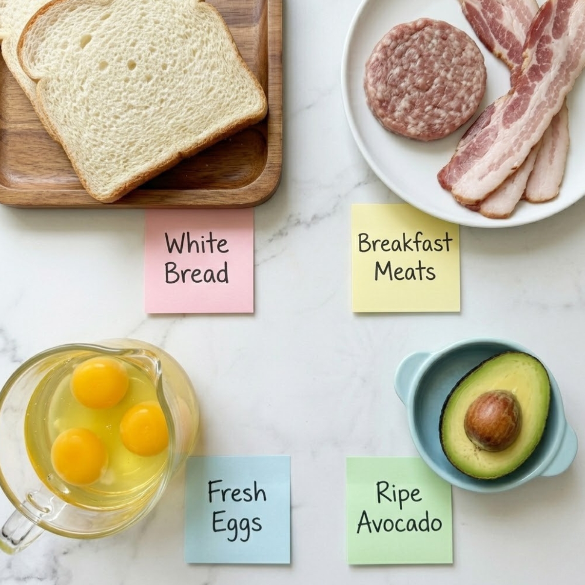 Flat lay of white sandwich bread, breakfast sausage, thick-cut bacon, raw eggs, and a halved avocado with handwritten labels on a marble counter.