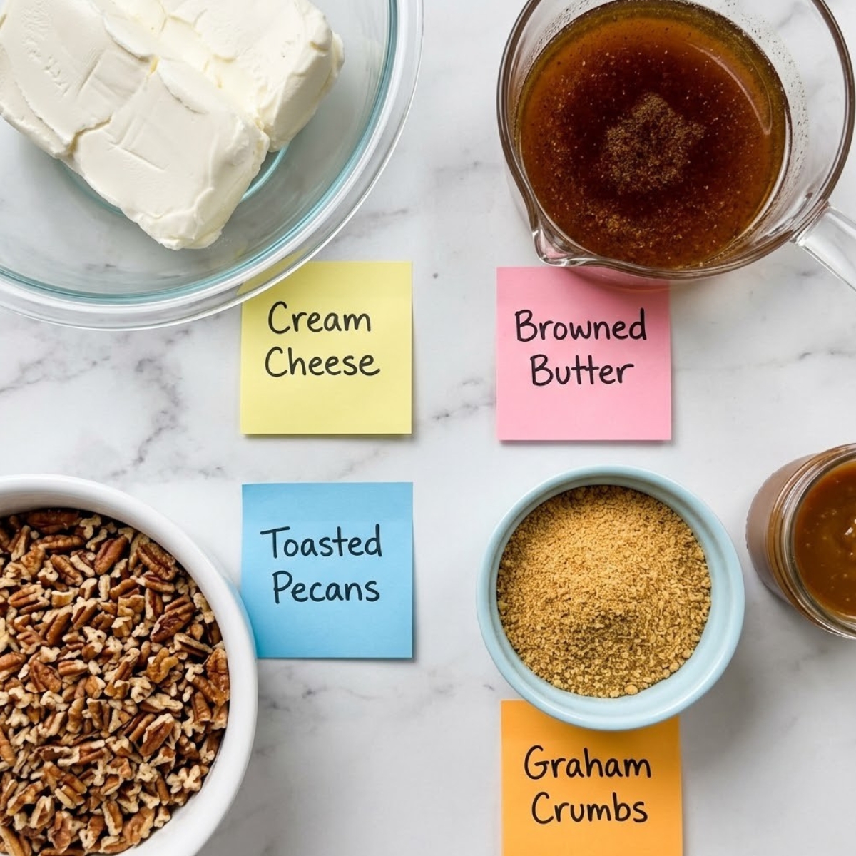 Flat lay of softened cream cheese, browned butter, chopped pecans, and graham cracker crumbs with handwritten labels on a marble counter.