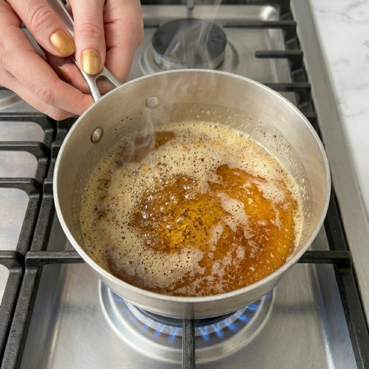 Extreme close-up of hands with amber nail polish swirling melting butter in a small saucepan over a gas stove flame as it turns golden-brown.