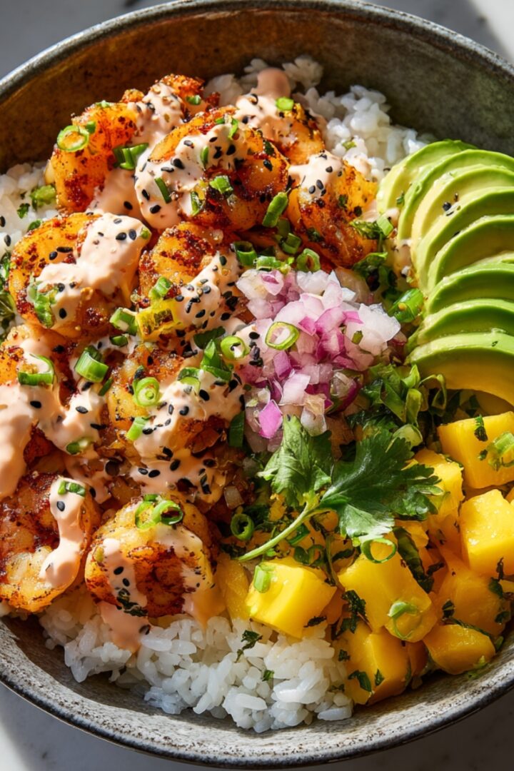 A rustic ceramic bowl with charred seasoned shrimp and steamed white rice, topped with sliced avocado, diced mango, pickled red onion, sliced green onions, cilantro, black sesame seeds, and a drizzle of spicy pink sauce.