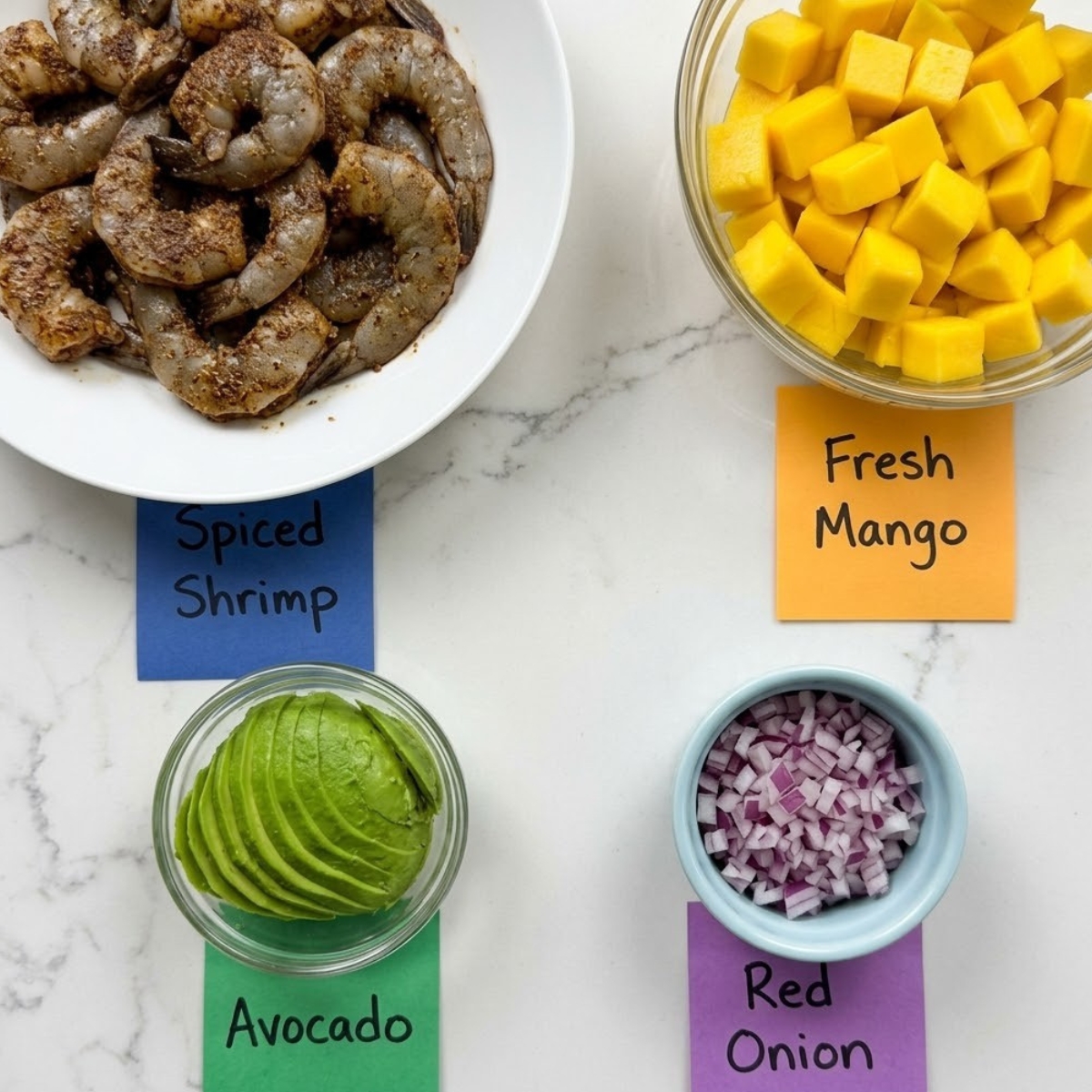 Flat lay of spiced raw shrimp, cubed mango, sliced avocado, and diced red onion with handwritten labels on a marble counter.