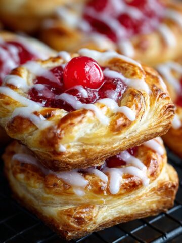 Two golden flaky puff pastry cherry pie bites stacked on a cooling rack, filled with glossy red cherry filling, topped with a whole cherry and drizzled with white icing glaze, with more pastries blurred in the background.