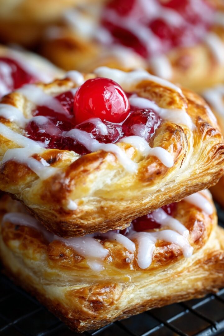 Two golden flaky puff pastry cherry pie bites stacked on a cooling rack, filled with glossy red cherry filling, topped with a whole cherry and drizzled with white icing glaze, with more pastries blurred in the background.