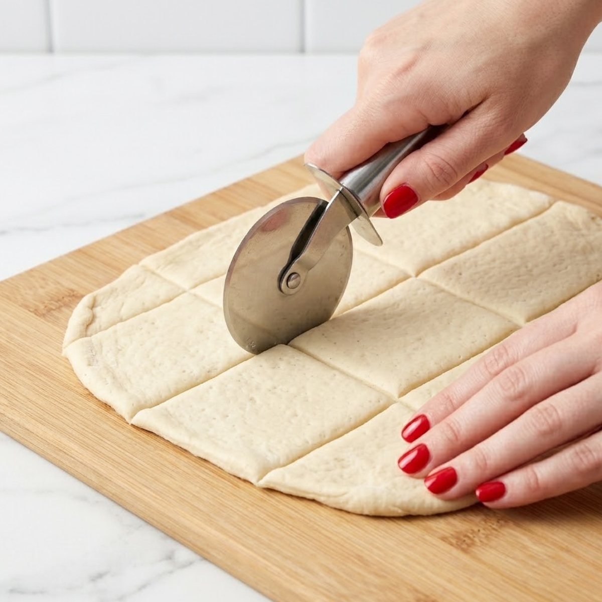 Extreme close-up view of hands with red nails using a pizza cutter to slice raw crescent pastry dough into squares on a marble counter.