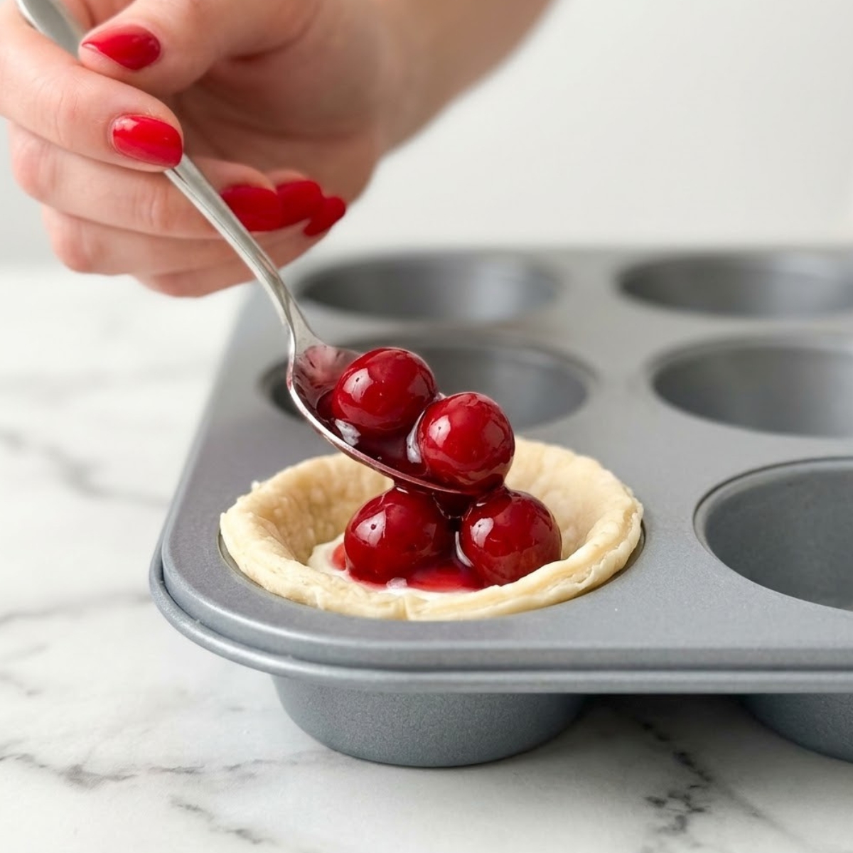 Tight close-up zoom of hands with red nails spooning thick cherry pie filling into raw pastry cups inside a muffin tin.