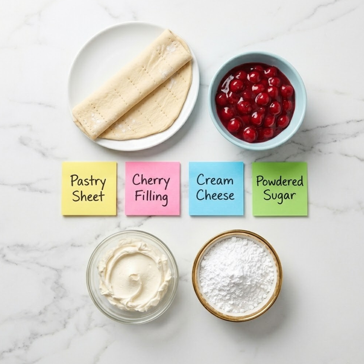Flat lay of crescent roll pastry sheet, red canned cherry pie filling, cream cheese, and powdered sugar with handwritten labels on a marble counter.
