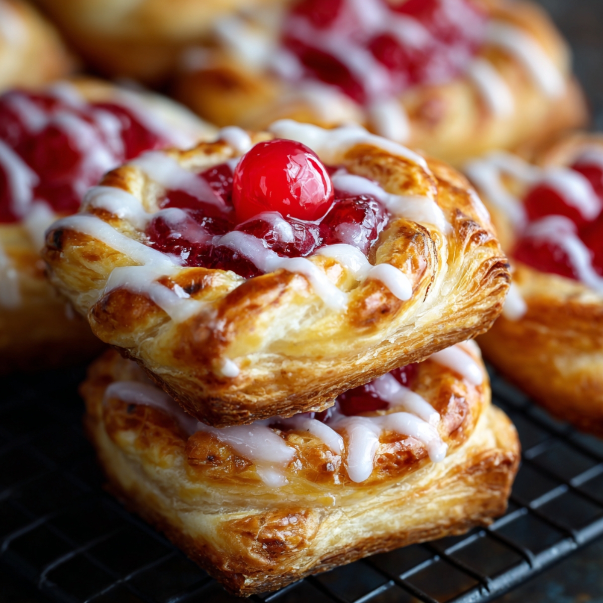 Two golden flaky puff pastry cherry pie bites stacked on a cooling rack, filled with glossy red cherry filling, topped with a whole cherry and drizzled with white icing glaze, with more pastries blurred in the background.