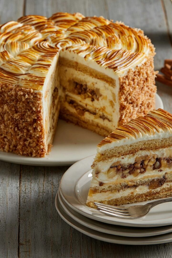 A tall Cinnabon cinnamon swirl cheesecake with a cinnamon crumb coating, layers of creamy cheesecake and cinnamon swirl filling, topped with toasted swirled meringue, with a slice plated on white dishes alongside cinnamon sticks on a rustic wooden surface.