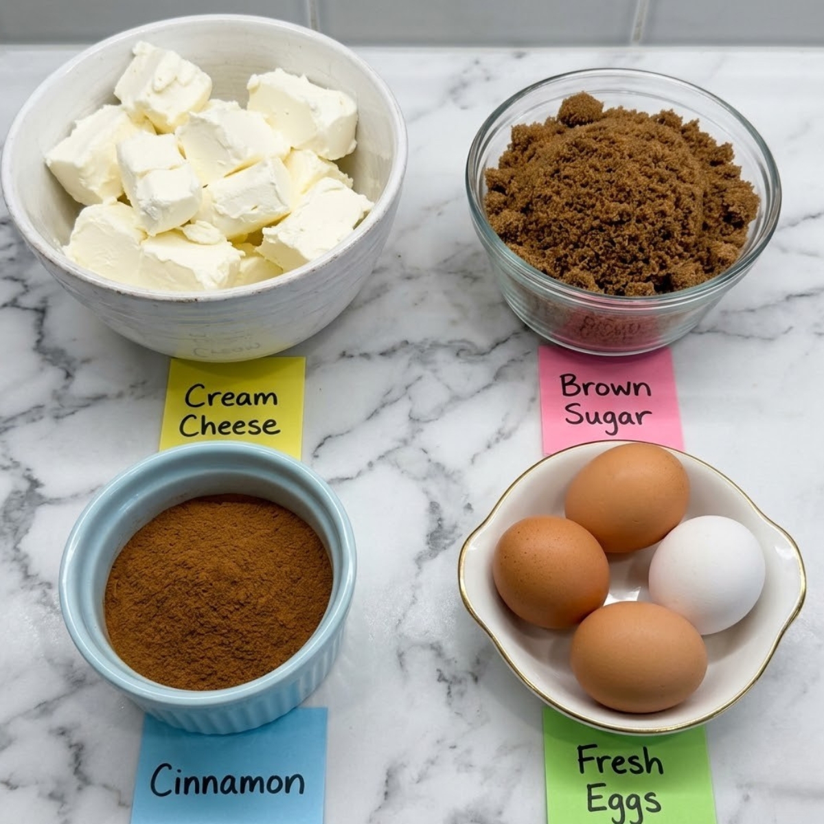 Flat lay of cream cheese, packed brown sugar, ground cinnamon, and fresh eggs with handwritten labels on a marble counter.