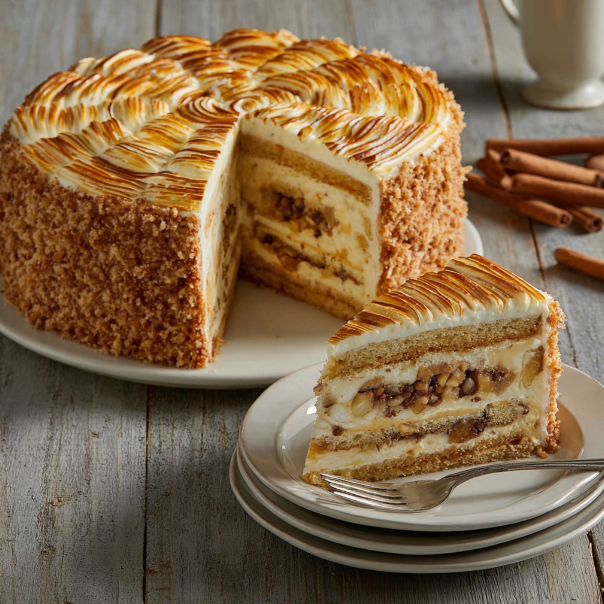 A tall Cinnabon cinnamon swirl cheesecake with a cinnamon crumb coating, layers of creamy cheesecake and cinnamon swirl filling, topped with toasted swirled meringue, with a slice plated on white dishes alongside cinnamon sticks on a rustic wooden surface.