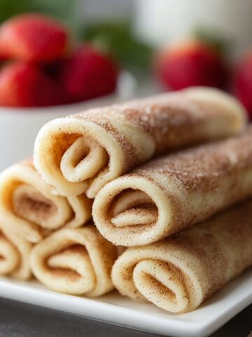 Soft pancakes rolled up and dusted with cinnamon sugar, stacked on a white plate with a bowl of fresh strawberries in the background.