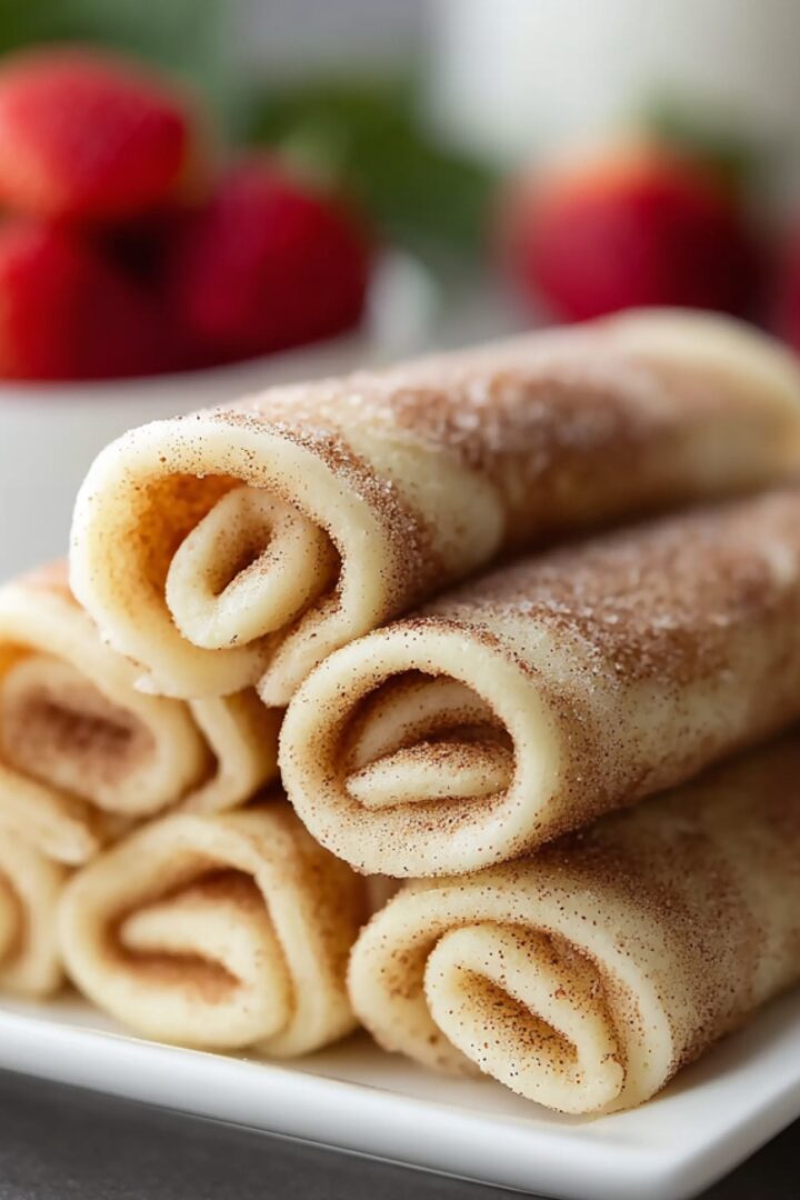 Soft pancakes rolled up and dusted with cinnamon sugar, stacked on a white plate with a bowl of fresh strawberries in the background.