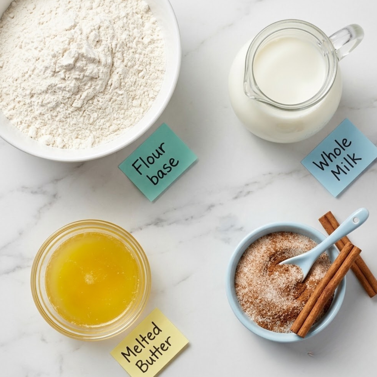 Flat lay of all-purpose flour, a pitcher of milk, melted butter, and cinnamon sugar with handwritten labels on a marble counter.