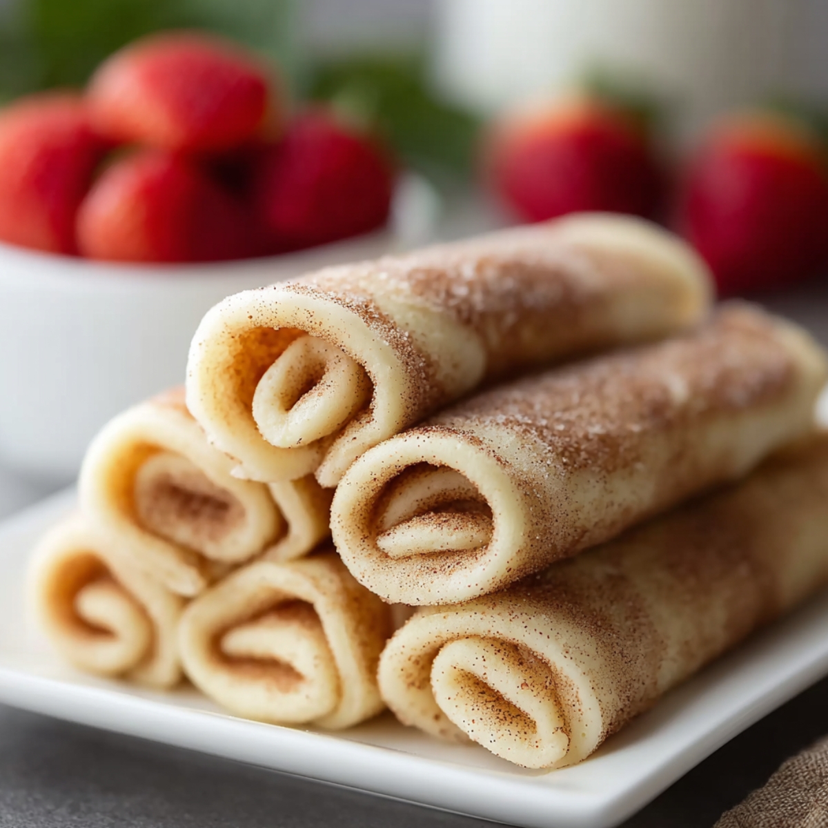 Soft pancakes rolled up and dusted with cinnamon sugar, stacked on a white plate with a bowl of fresh strawberries in the background.