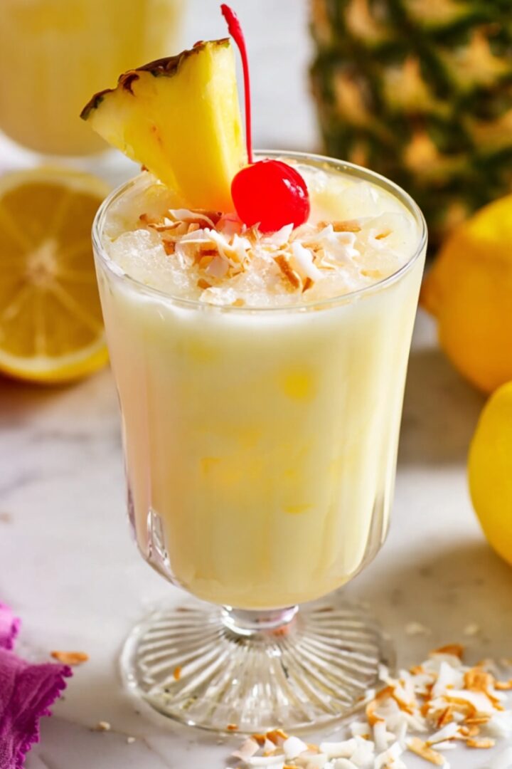 A creamy pale yellow coconut pineapple lemonade in a footed glass, topped with toasted coconut flakes, a maraschino cherry, and a fresh pineapple wedge, surrounded by whole lemons, a halved lemon, and a fresh pineapple on a marble surface.
