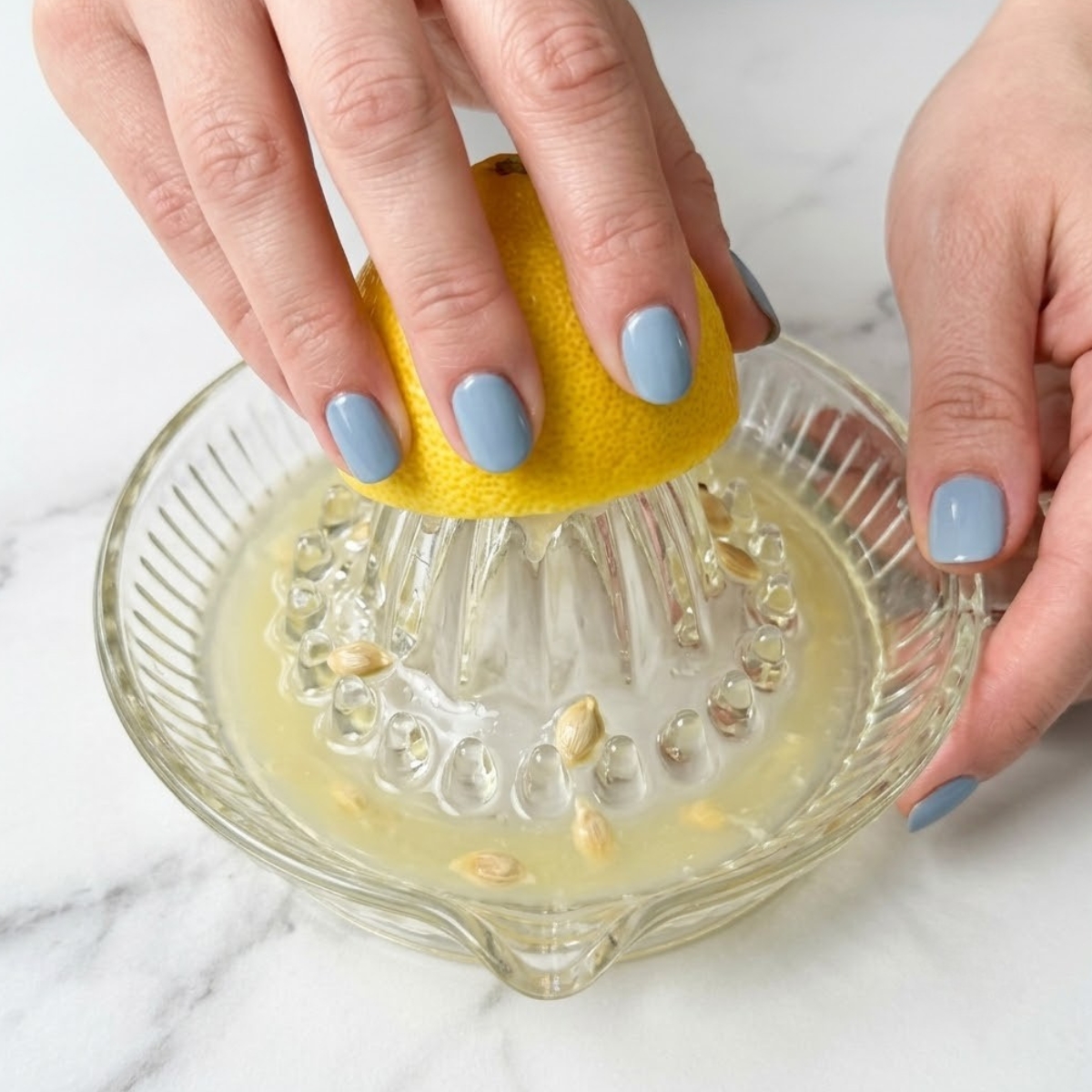 Extreme close-up view of hands with fog blue nails pressing a fresh lemon half onto a juicer over a marble counter.