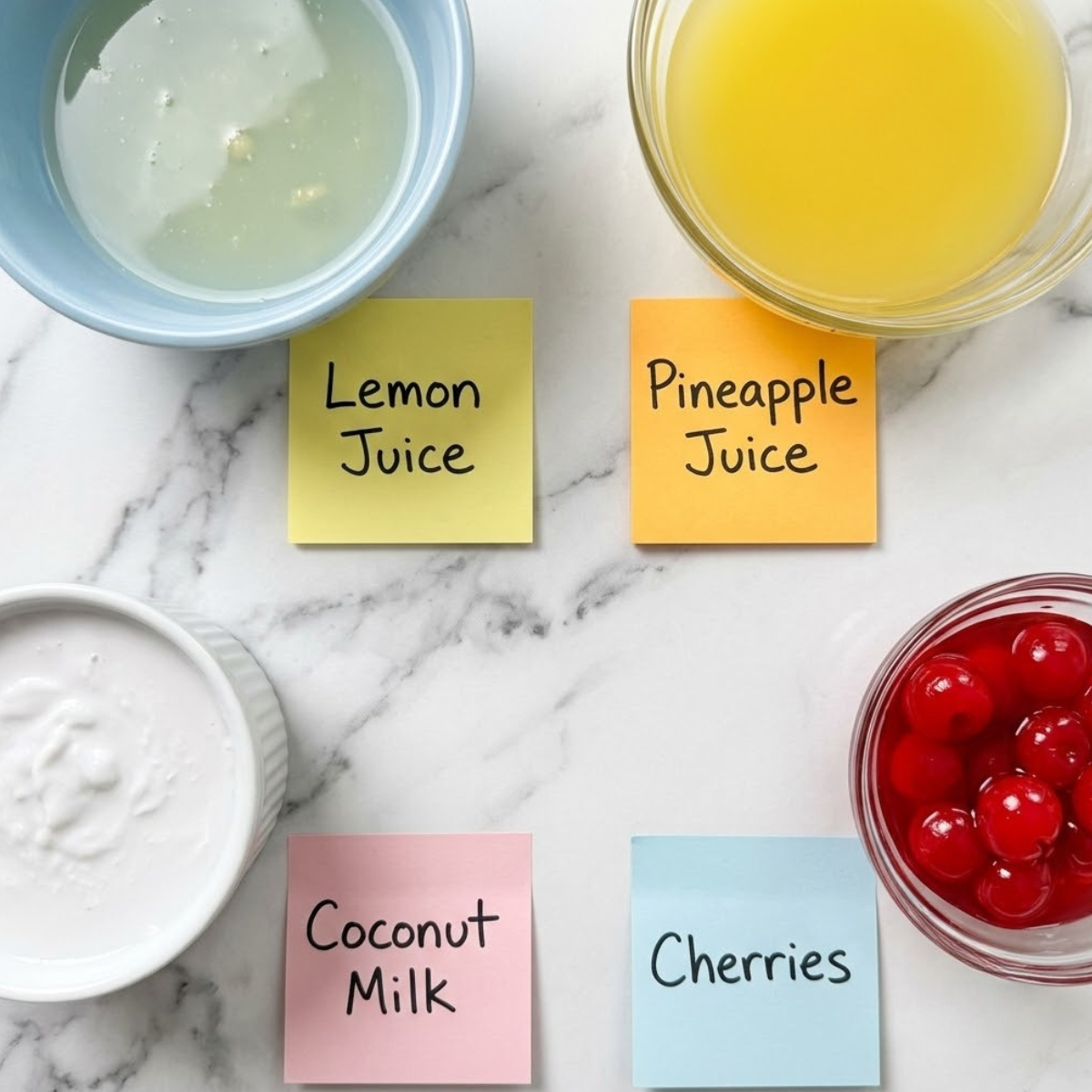 Flat lay of fresh lemon juice, pineapple juice, canned coconut milk, and maraschino cherries with handwritten labels on a marble counter.
