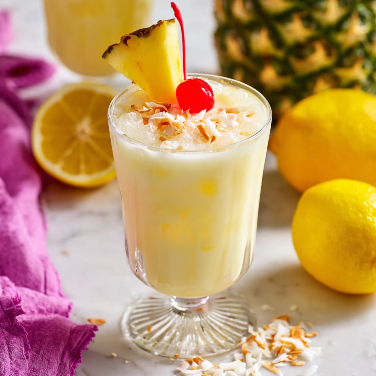 A creamy pale yellow coconut pineapple lemonade in a footed glass, topped with toasted coconut flakes, a maraschino cherry, and a fresh pineapple wedge, surrounded by whole lemons, a halved lemon, and a fresh pineapple on a marble surface.