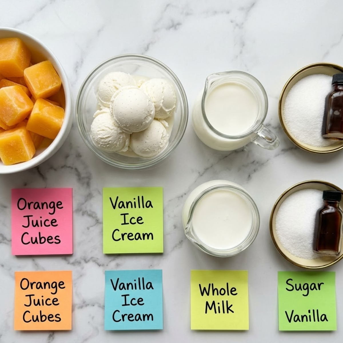 Flat lay of frozen orange juice cubes, vanilla ice cream scoops, a pitcher of milk, sugar, and vanilla extract with handwritten labels on a marble counter.