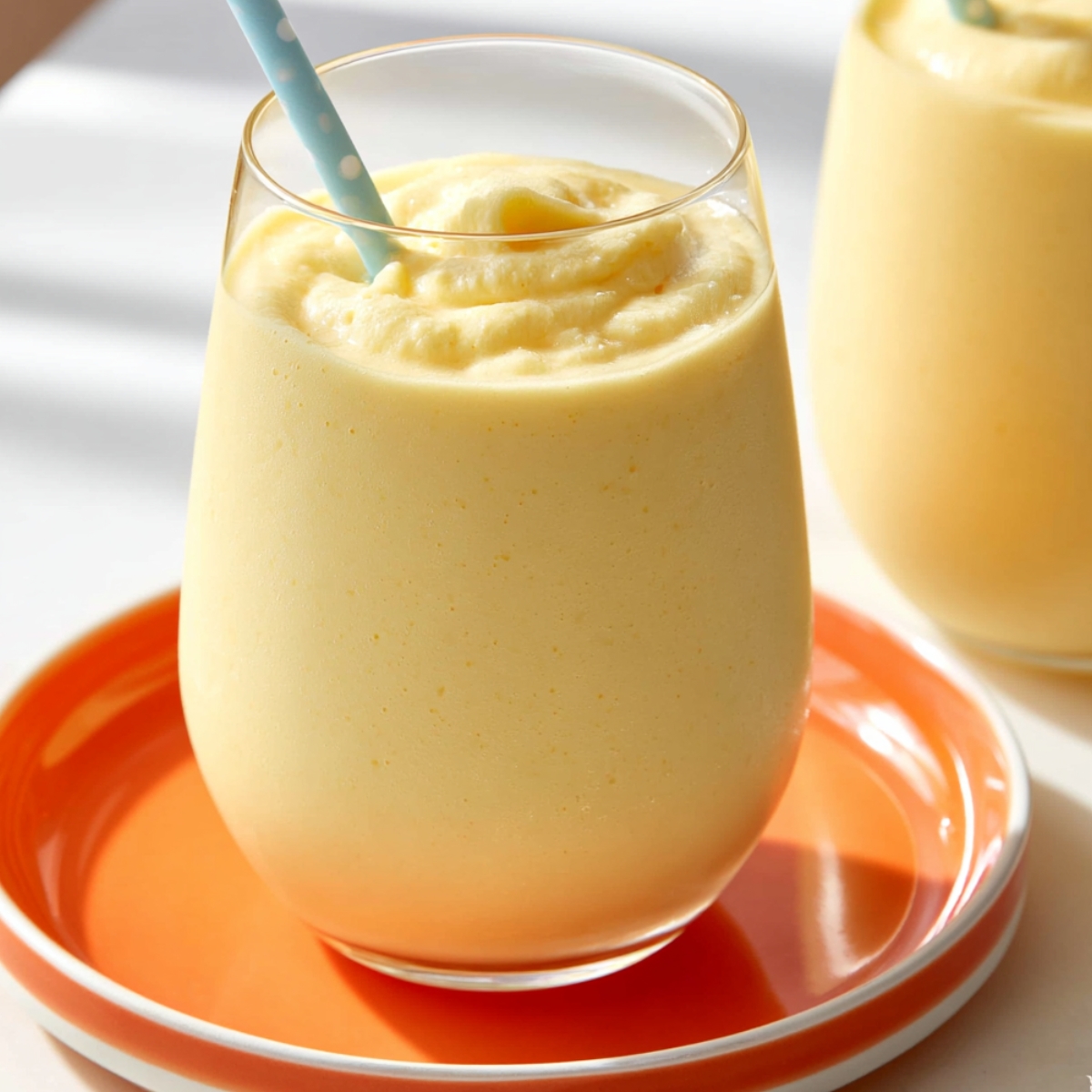 A thick creamy pale yellow creamsicle slushy in a stemless glass with a light blue polka dot straw, served on an orange plate, with a second glass visible in the background.