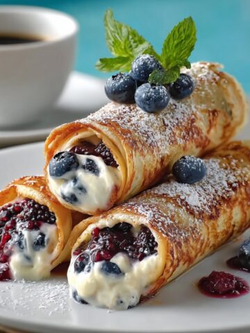 Three golden crispy keto blueberry cream cheese roll-ups stacked on a white plate, filled with creamy cheese and blueberry compote, dusted with powdered sugar, and topped with fresh blueberries and mint, with a cup of coffee in the background.