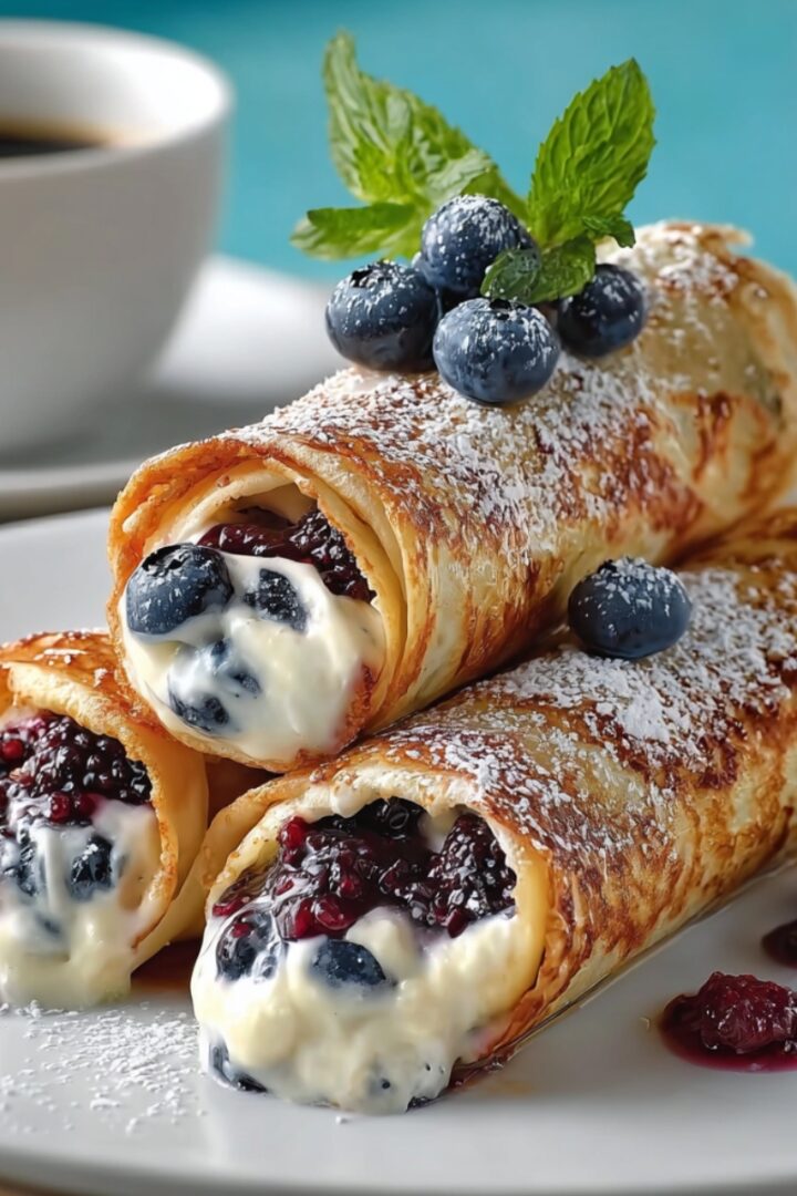 Three golden crispy keto blueberry cream cheese roll-ups stacked on a white plate, filled with creamy cheese and blueberry compote, dusted with powdered sugar, and topped with fresh blueberries and mint, with a cup of coffee in the background.