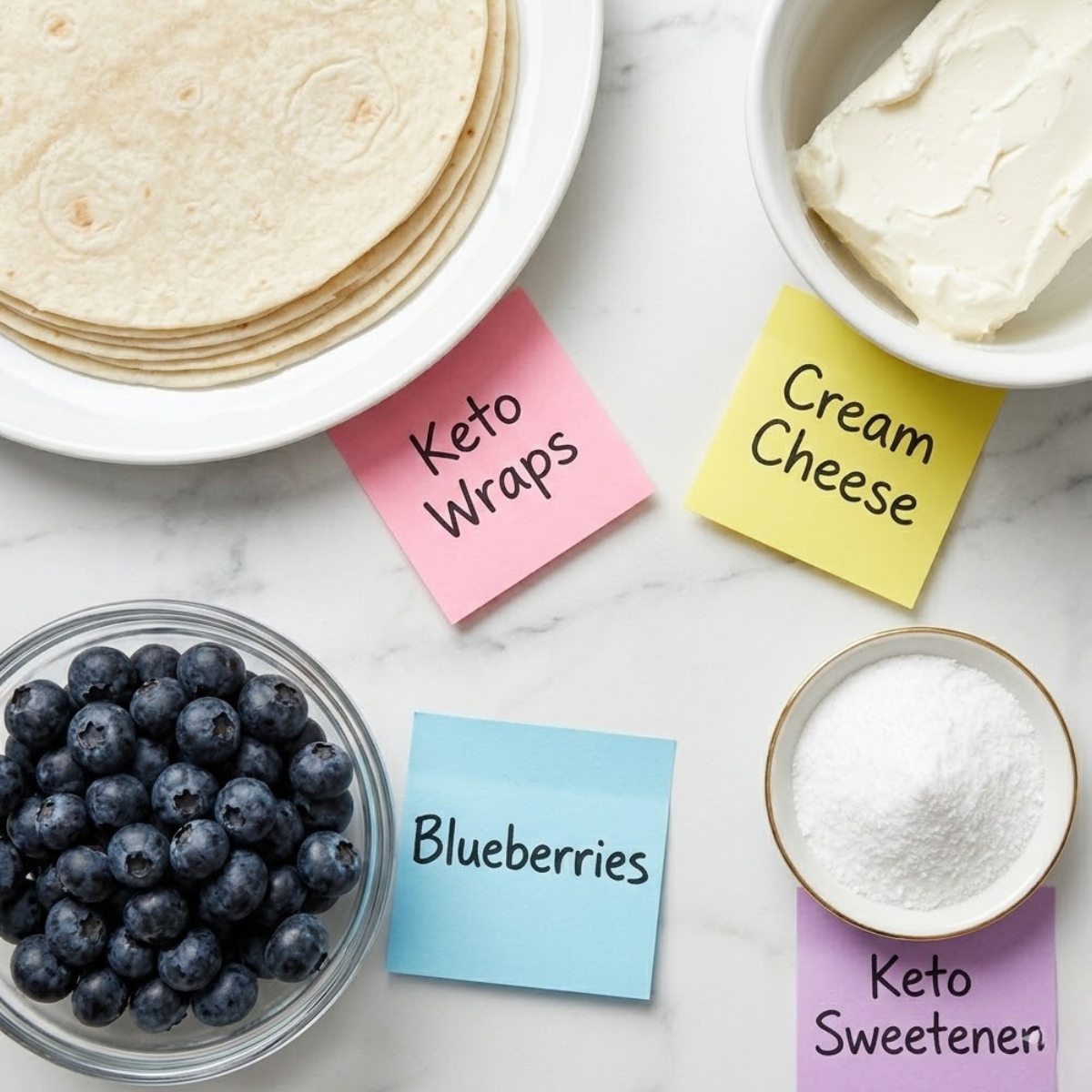 Flat lay of low-carb tortillas, cream cheese, fresh blueberries, and powdered erythritol with handwritten labels on a marble counter.