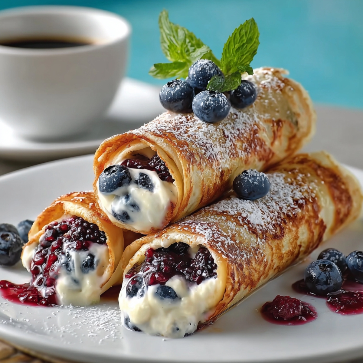 Three golden crispy keto blueberry cream cheese roll-ups stacked on a white plate, filled with creamy cheese and blueberry compote, dusted with powdered sugar, and topped with fresh blueberries and mint, with a cup of coffee in the background.