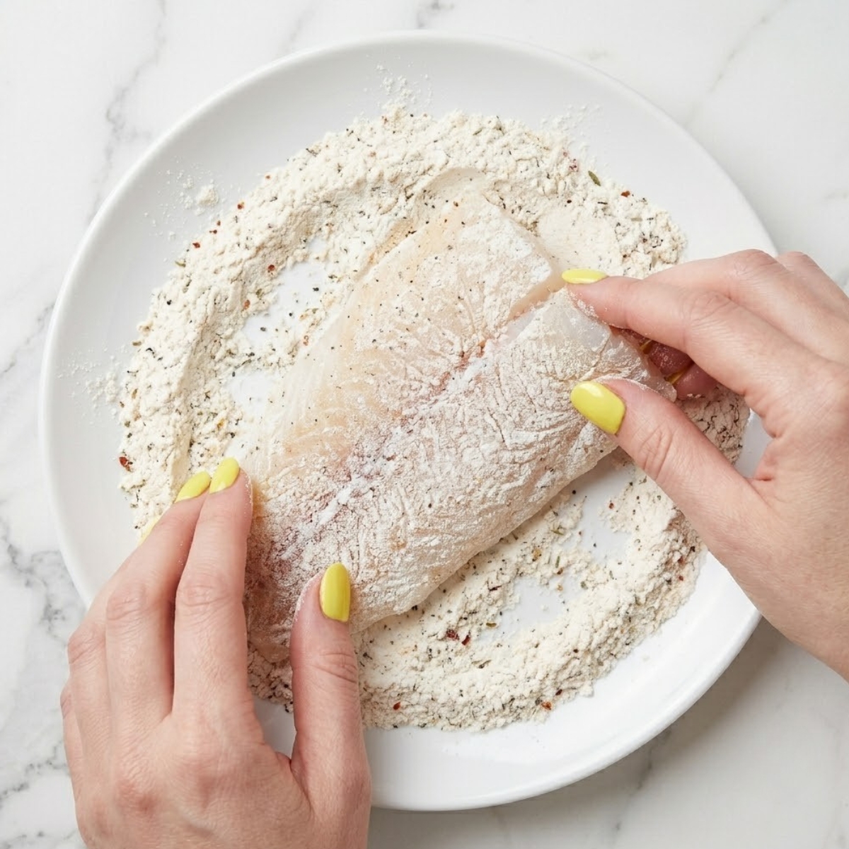 Extreme close-up of hands with yellow nails dredging a raw white fish fillet into seasoned flour on a shallow plate.