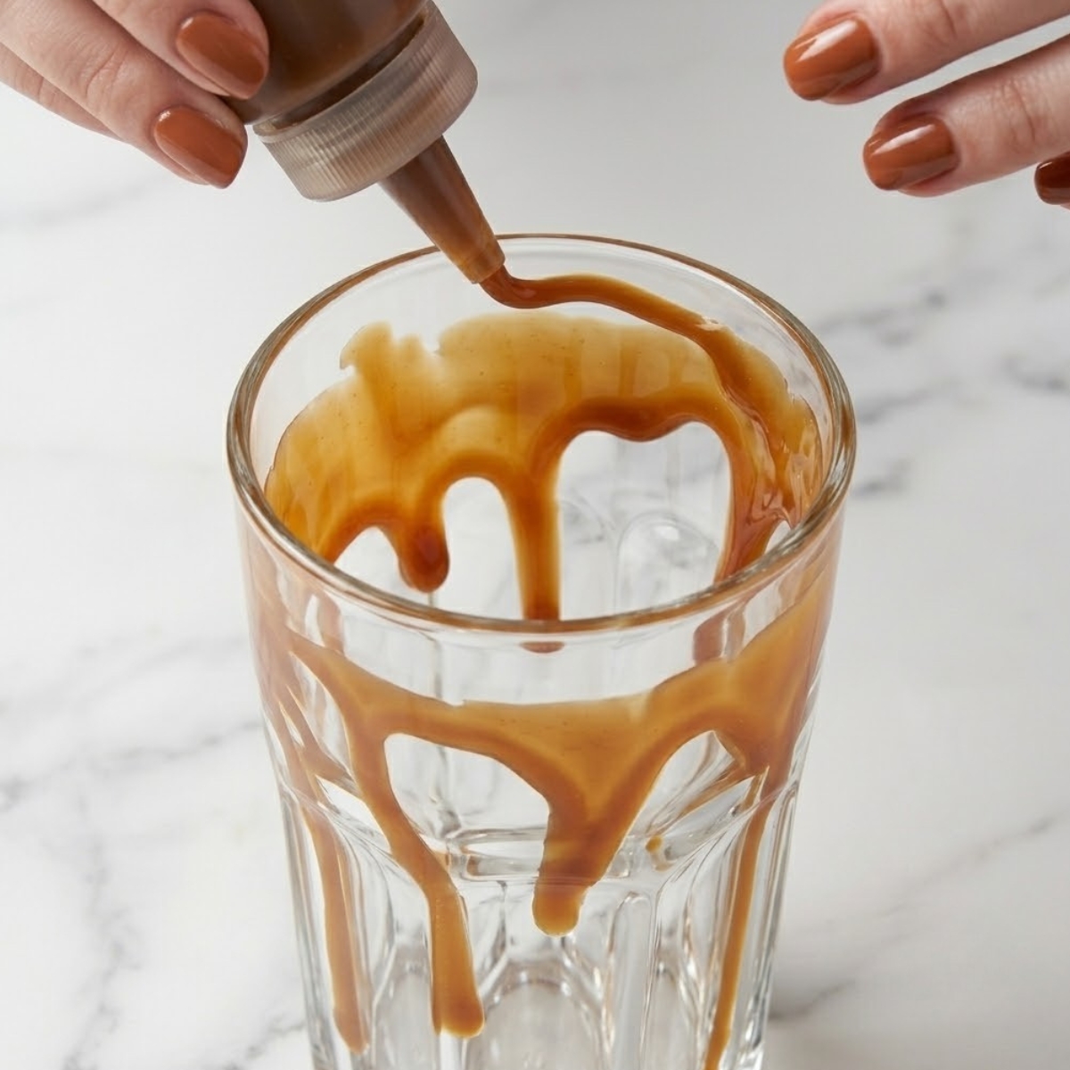 Extreme close-up of hands with caramel-colored nails drizzling thick caramel sauce along the inside walls of a faceted cocktail glass.