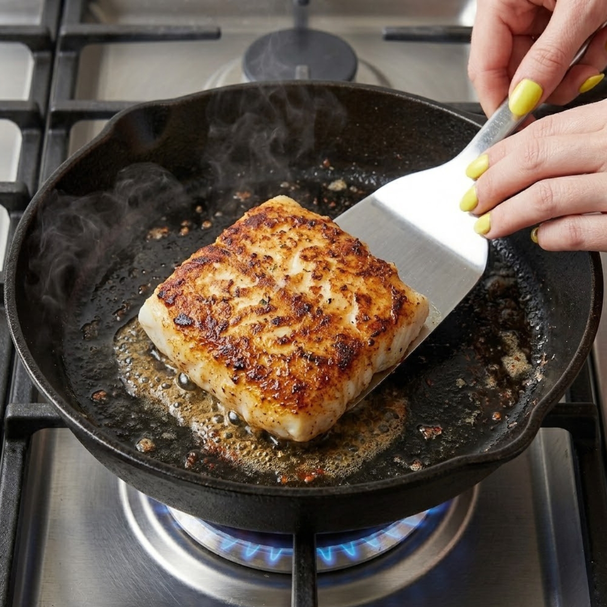 Tight close-up zoom of hands with yellow nails using a metal fish spatula to flip a golden-brown seared fish fillet in a hot pan over a gas flame.