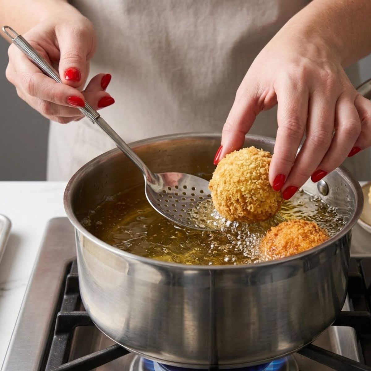 Fried Mac and Cheese Balls Frying in Hot Oil