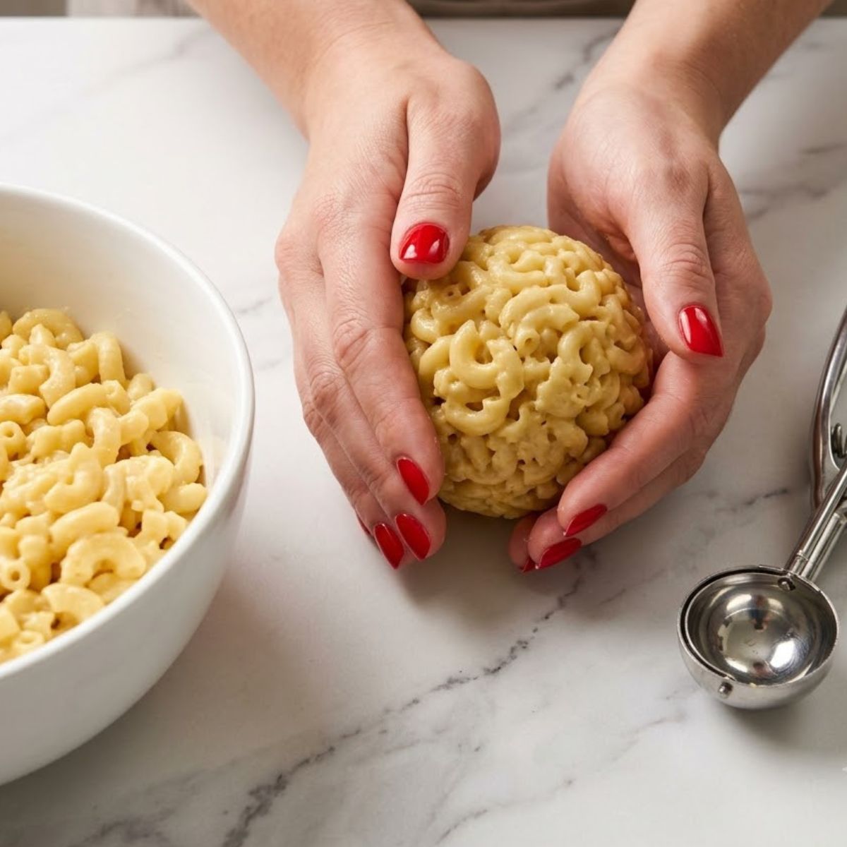 Extreme close up of a woman with red nails shaping a cold macaroni ball by hand over a marble counter.