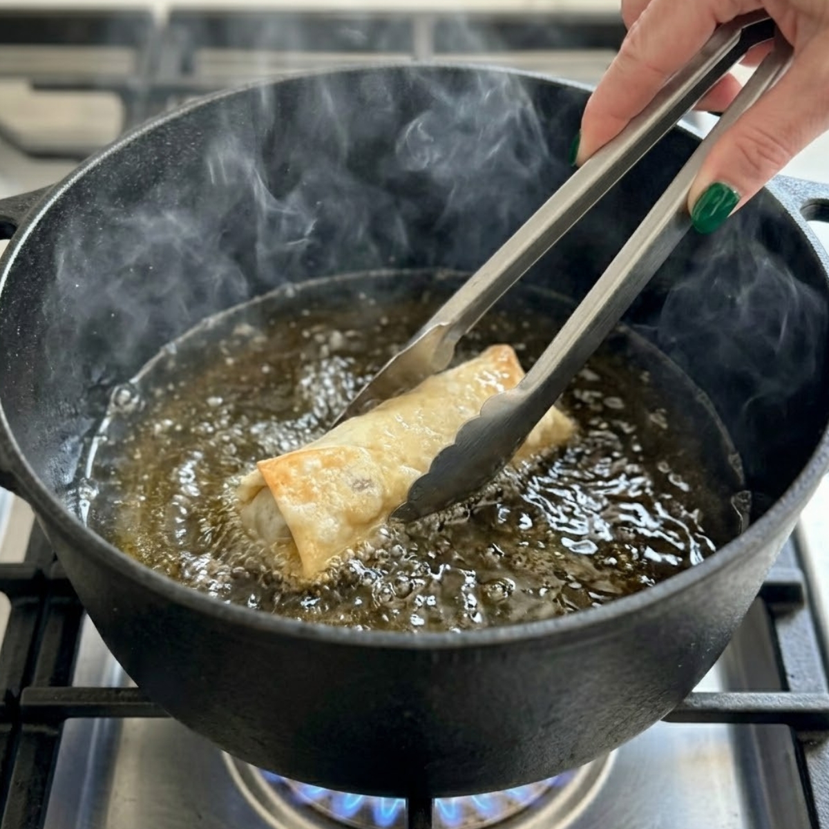 Tight zoom of hands with green nails using metal tongs to fry egg rolls in bubbling hot oil inside a Dutch oven over a gas stove flame.