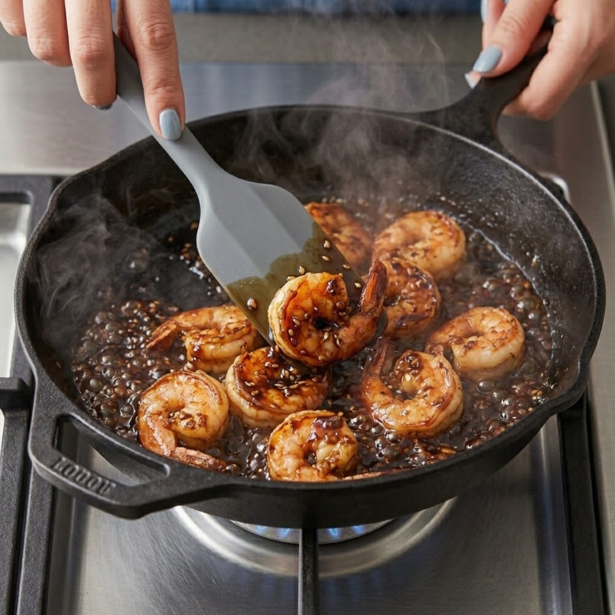 Tight close-up zoom of hands with blue nails using a silicone spatula to coat seared jumbo shrimp in bubbling teriyaki glaze inside a hot skillet over a gas flame.