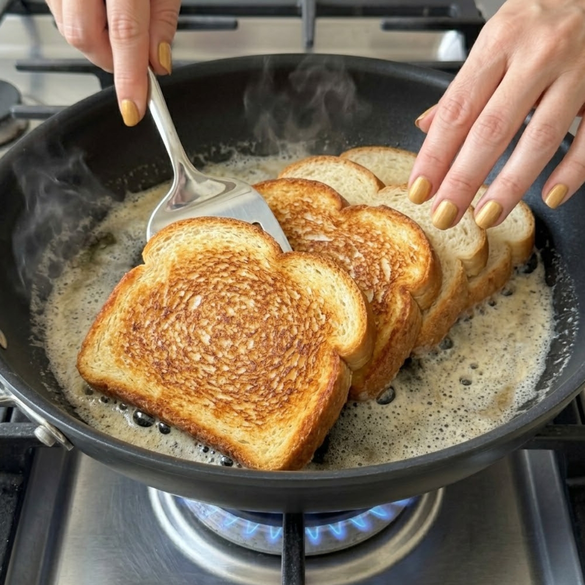 Extreme close-up of hands with gold nail polish using a spatula to toast white bread slices in a hot skillet over a gas stove flame.