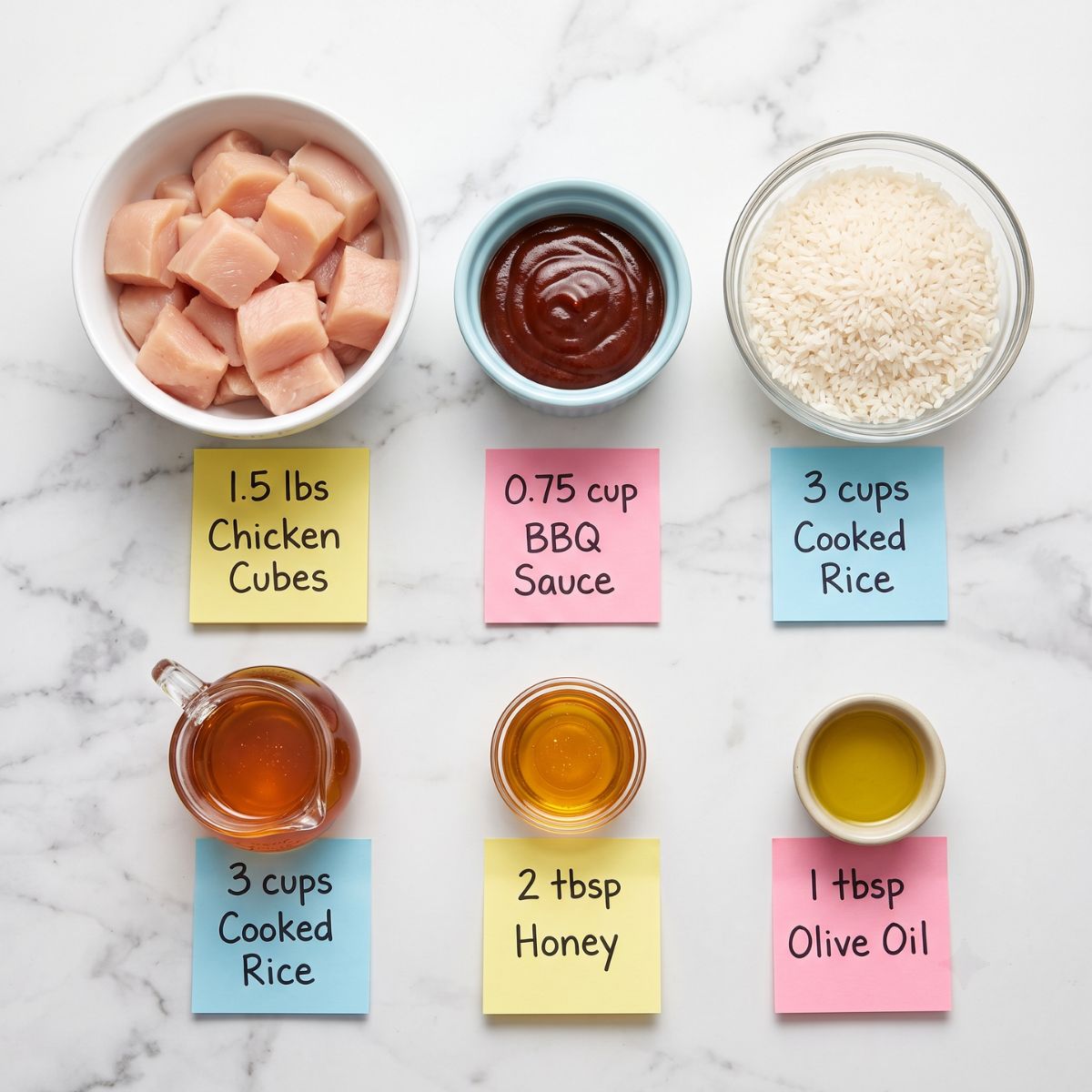 Flat lay of raw ingredients for Honey BBQ Chicken Rice on marble.