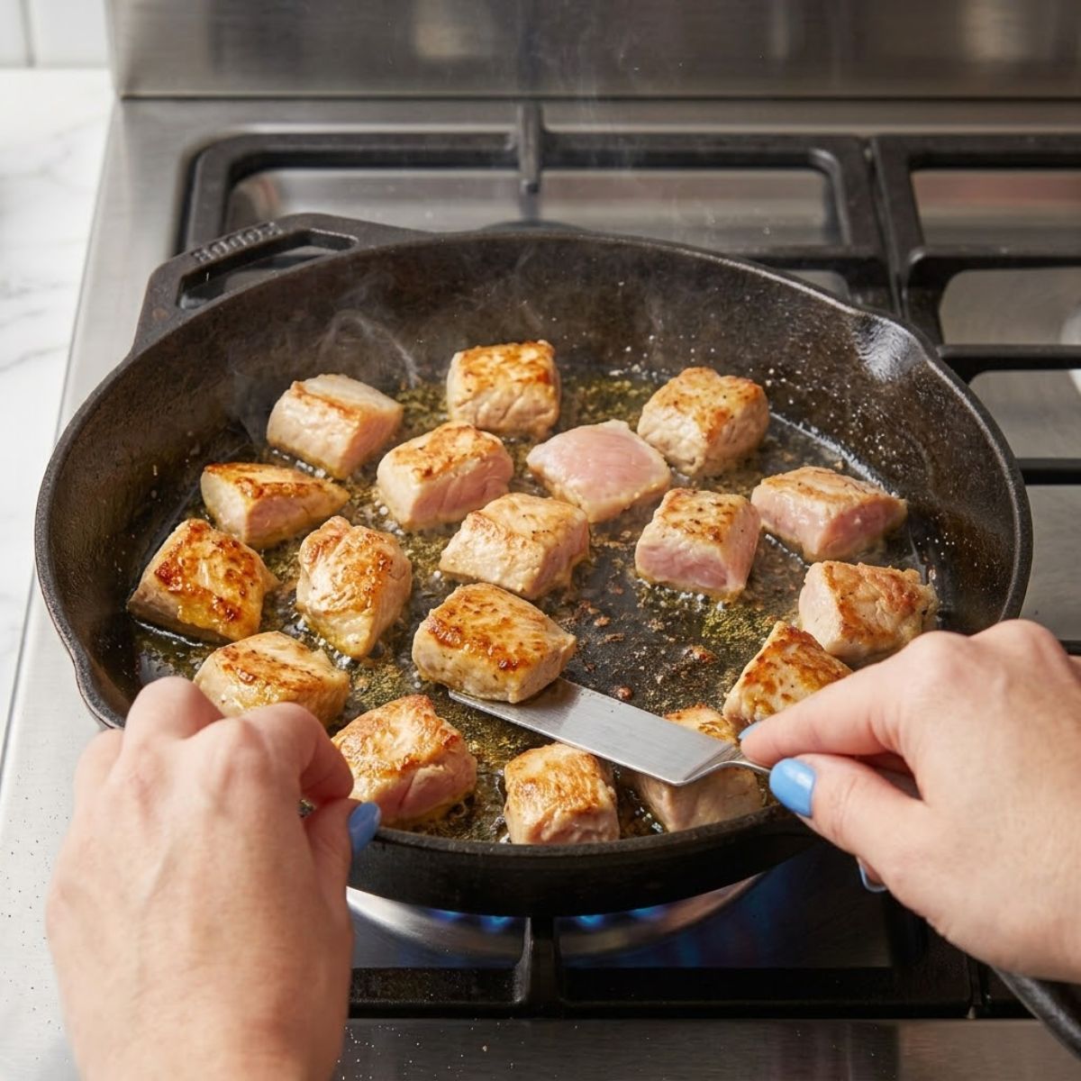Close-up of hands searing chicken in a hot cast iron skillet.